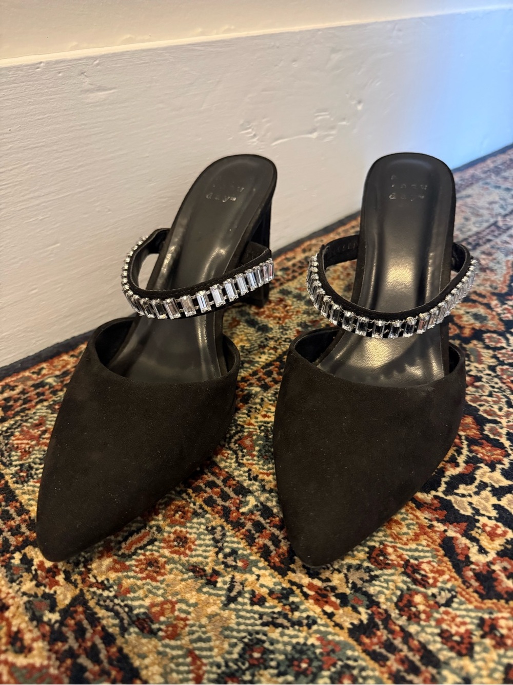 a new day Black Pointed Suede Mule with Jeweled Strap